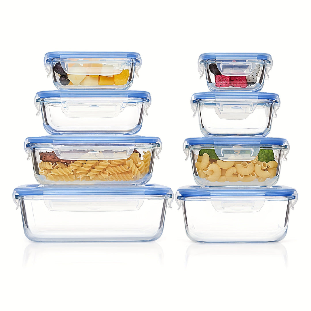 Set of 8 Glass Food Storage Containers – Bento Meal Prep Containers, Airtight, with Leak-Proof Lids, Suitable for Microwave, Oven, Freezer and Dishwasher, BPA-Free