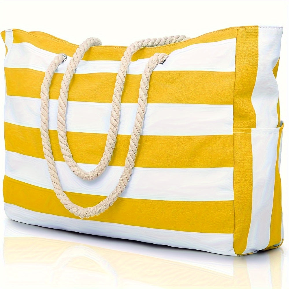 Gestreifte Strandtasche mit großer Kapazität – Robustes Polyester mit Reißverschluss