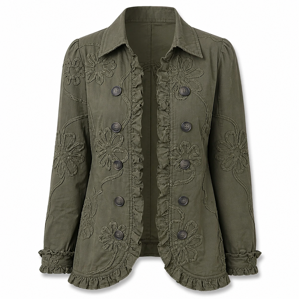 Floral Embroidered Utility Jacket – Vintage Boho Style with Ruffle Trim