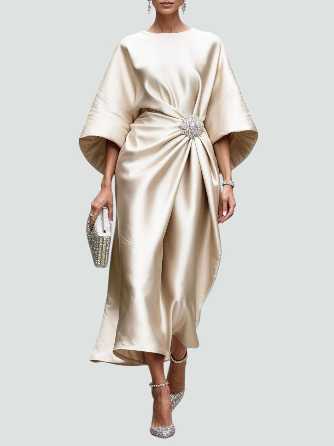 Women's Maxi Dress with Draped Brooch – Evening Dress with Cape Sleeves for Formal Occasions