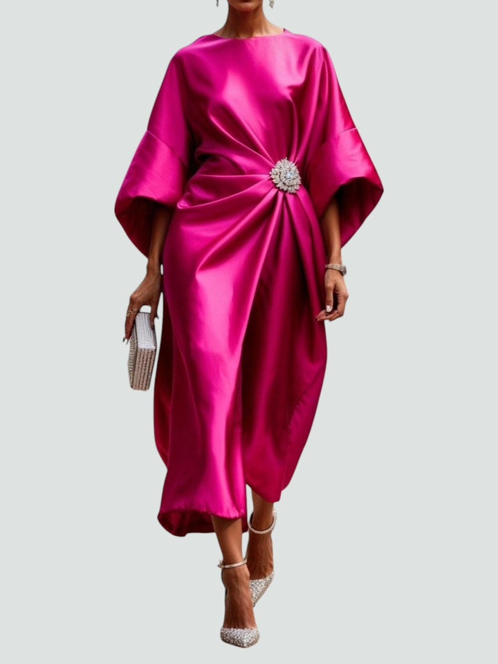 Women's Maxi Dress with Draped Brooch – Evening Dress with Cape Sleeves for Formal Occasions