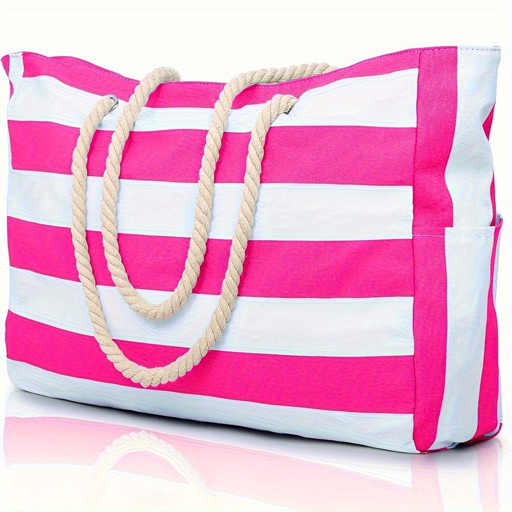 Gestreifte Strandtasche mit großer Kapazität – Robustes Polyester mit Reißverschluss
