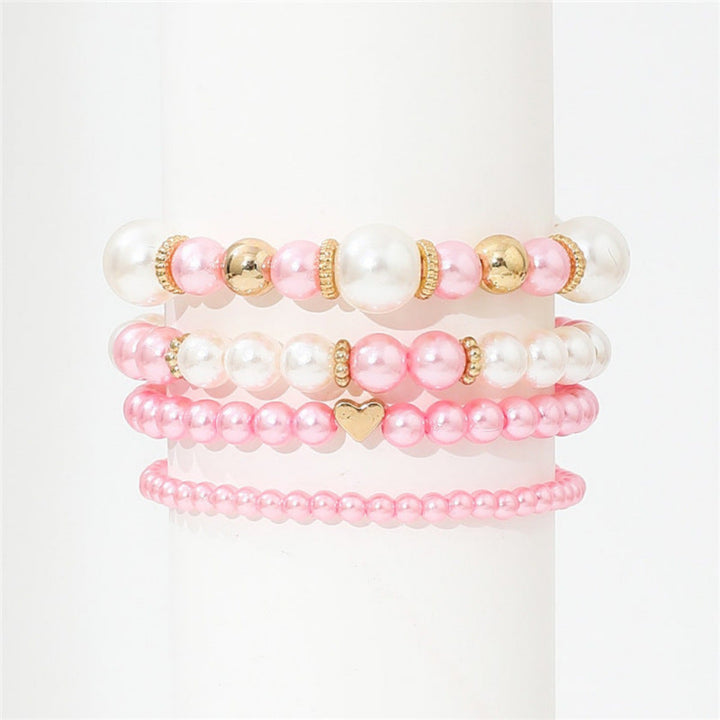 4pcs Set Simple White Faux Pearls Beads Beaded Heart Temperament Bracelet Set Elegant Handmade Hand String Jewelry Accessory