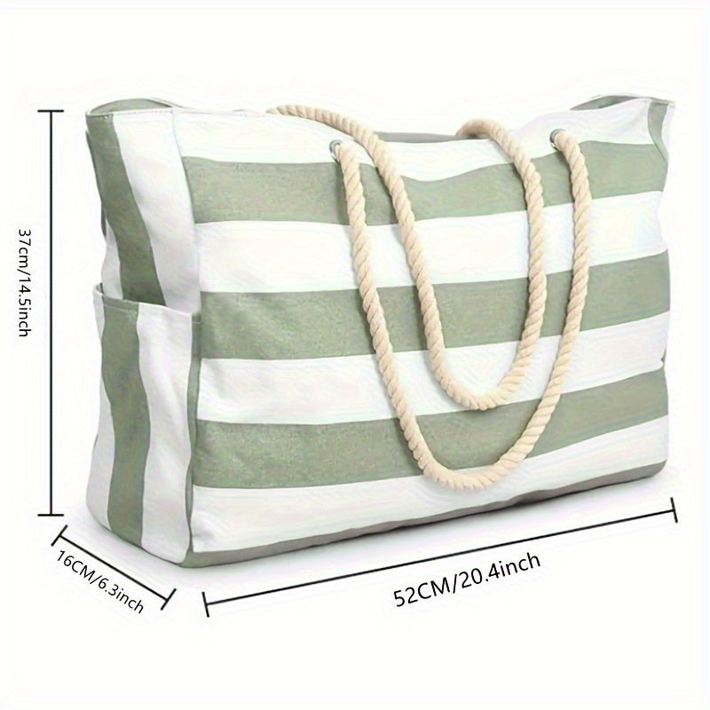 Gestreifte Strandtasche mit großer Kapazität – Robustes Polyester mit Reißverschluss