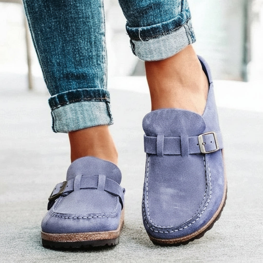 Frosted Suede Round Head Belt Buckle One Pedal Flat Comfortable Foam Bottom Slippers