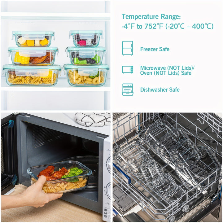 Set of 8 Glass Food Storage Containers – Bento Meal Prep Containers, Airtight, with Leak-Proof Lids, Suitable for Microwave, Oven, Freezer and Dishwasher, BPA-Free