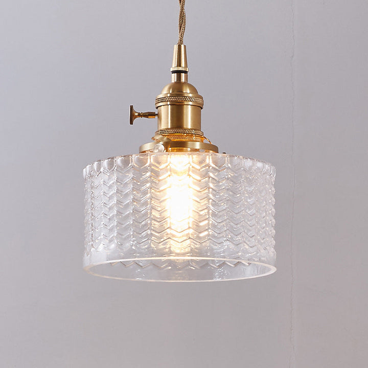 Short Cylindrical Retro Pendant Lamp in Clear/Green Ribbed Glass with Brass Rotary Switch
