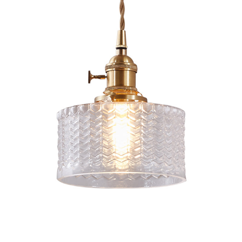 Short Cylindrical Retro Pendant Lamp in Clear/Green Ribbed Glass with Brass Rotary Switch