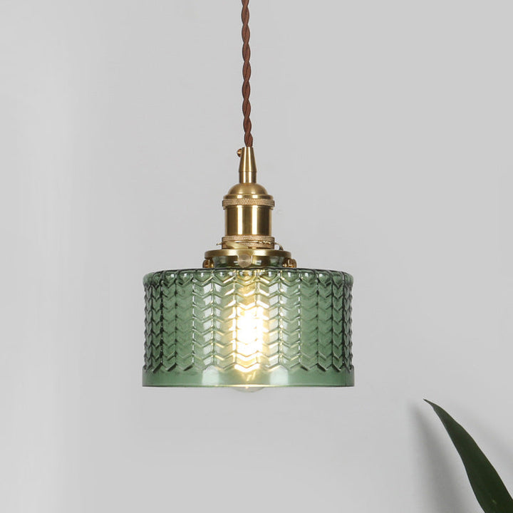 Short Cylindrical Retro Pendant Lamp in Clear/Green Ribbed Glass with Brass Rotary Switch