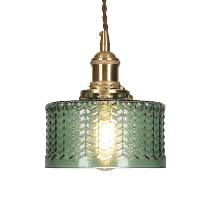 Short Cylindrical Retro Pendant Lamp in Clear/Green Ribbed Glass with Brass Rotary Switch