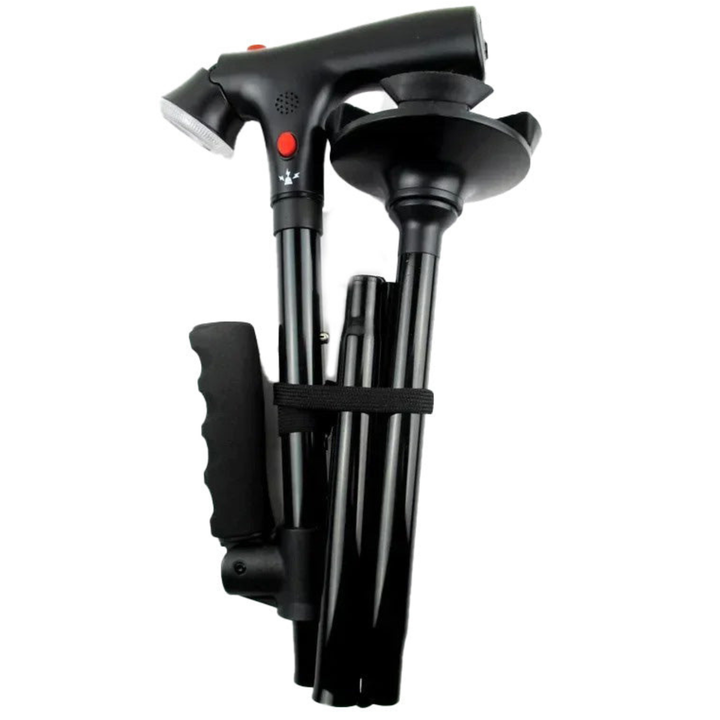 Foldable cane with dual handles, alarm, and light