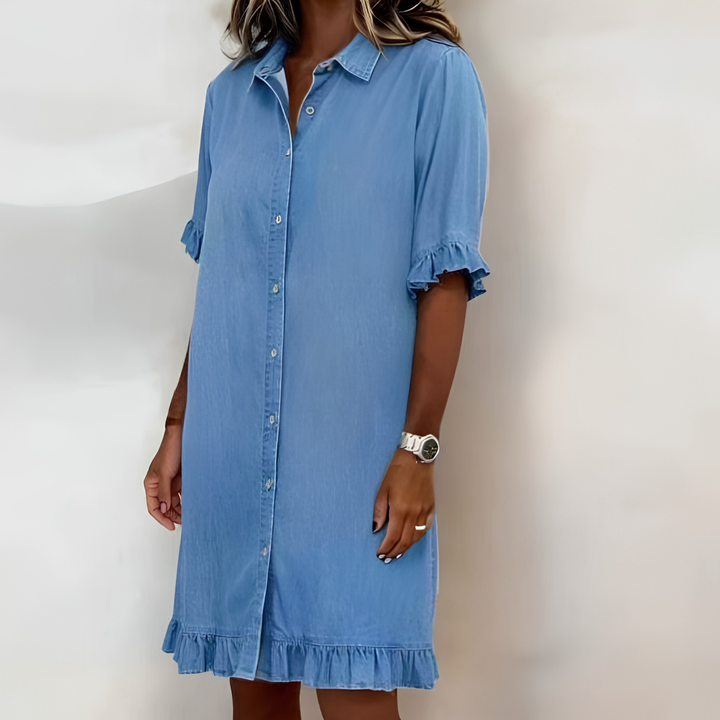 Solid-color Faux Denim Ruffled-edge Shirt Dress