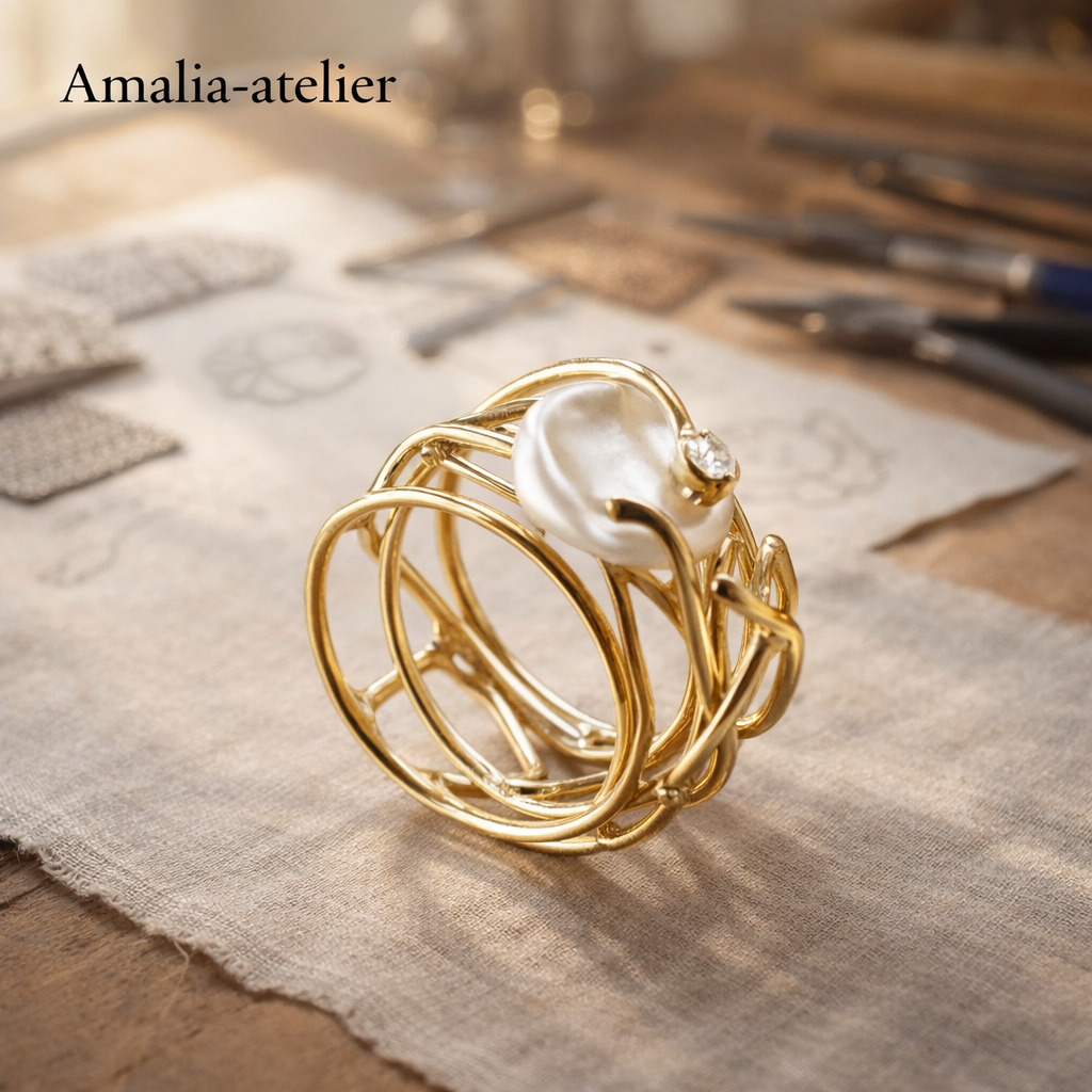Thin Gold-Coloured Ring with Pearl Accent
