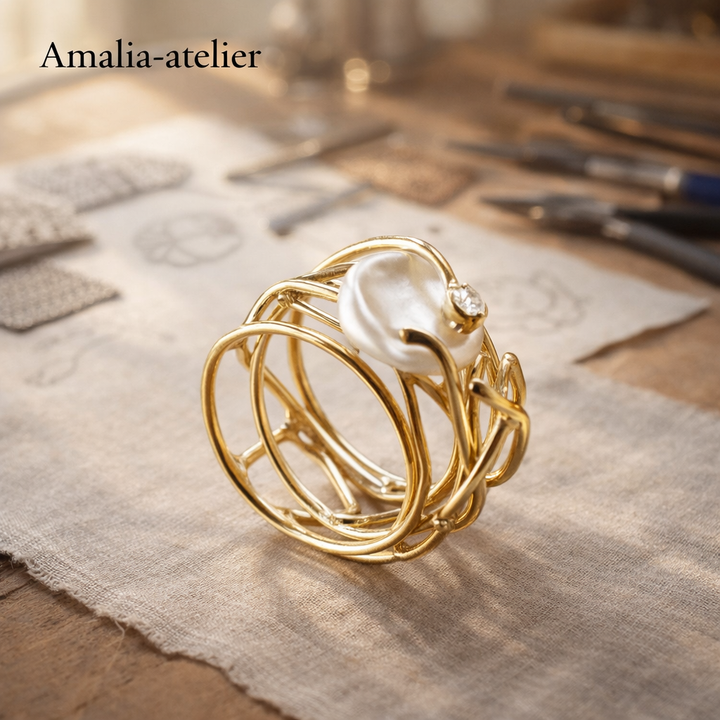 Thin Gold-Coloured Ring with Pearl Accent