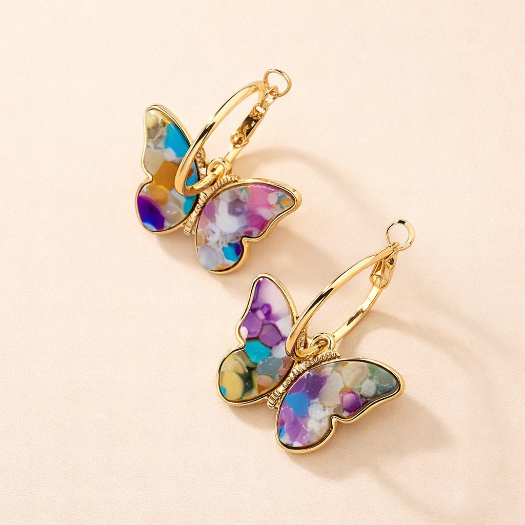 Butterfly earrings with colourful details.