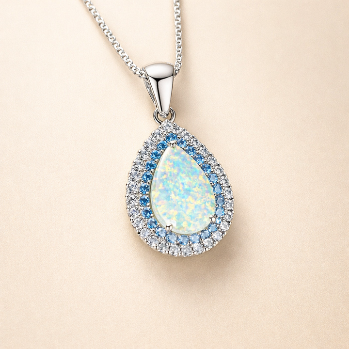 Sparkling blue opal necklace in white gold