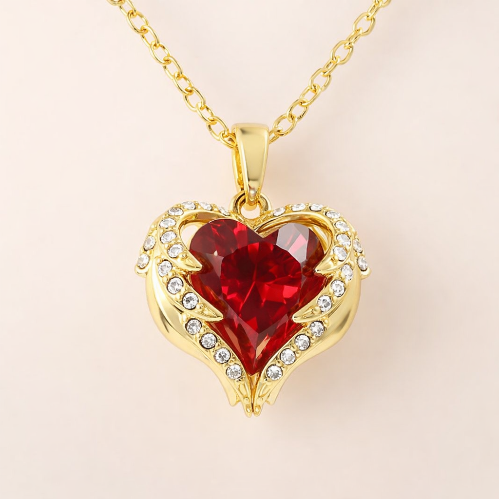 Soft Embrace gold necklace with ruby heart