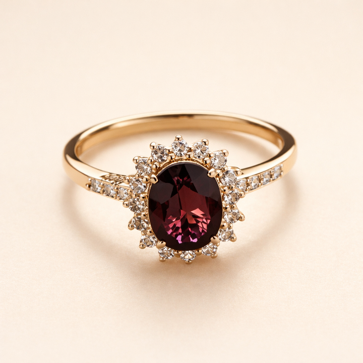Elegant gold ring with red cubic zirconia