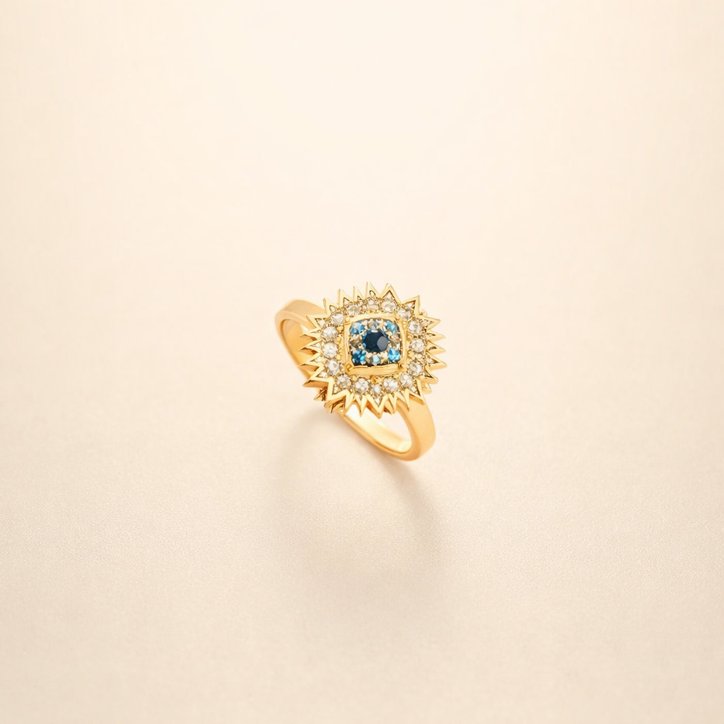 Gold twist ring with sapphire and sunburst design