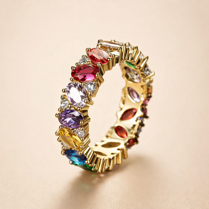 Classic ring with multicolour cubic zirconia
