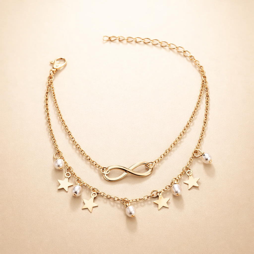 Endless pearl and stars anklet in silver
