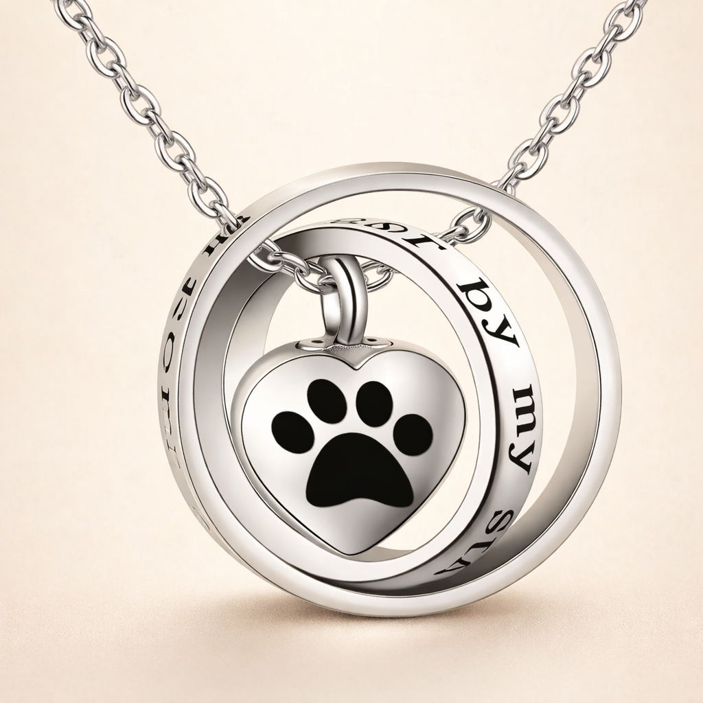 "No Longer By My Side, Forever In My Heart" – Stainless Steel Urn Paw Necklace