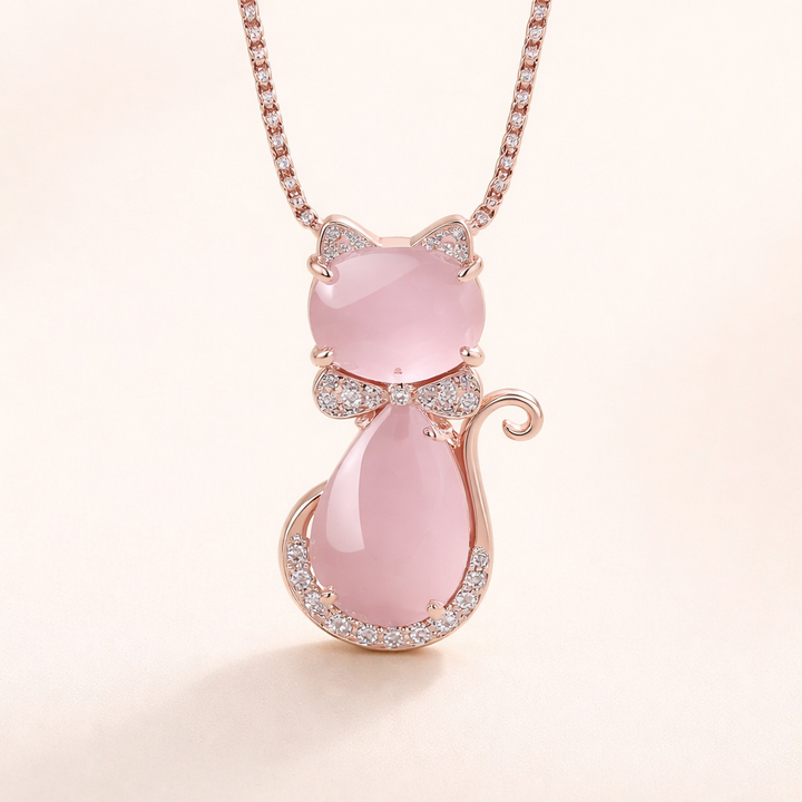 Pink stone cute cat necklace with zircon