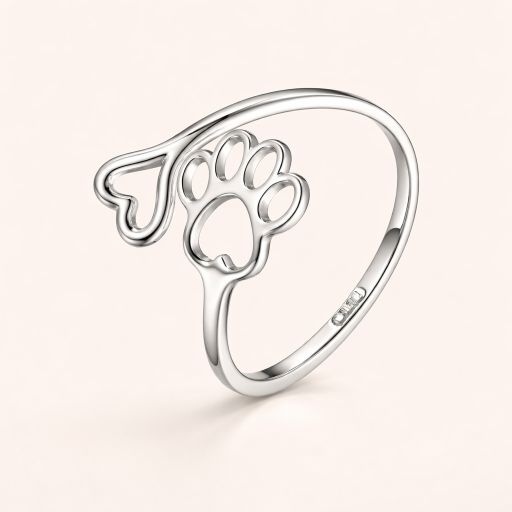 Handmade Paw & Heart Ring – Adjustable Sterling Silver