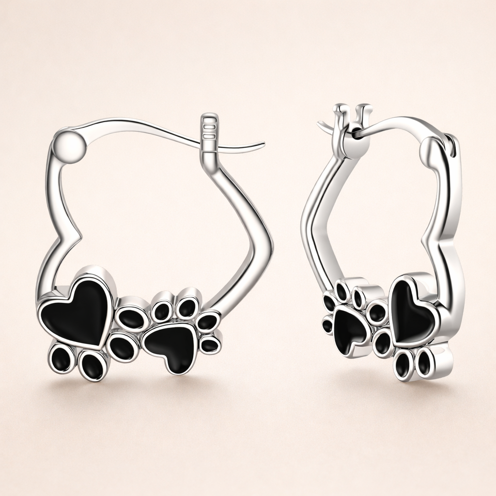 Heart Paw Huggie Earrings with Black Enamel