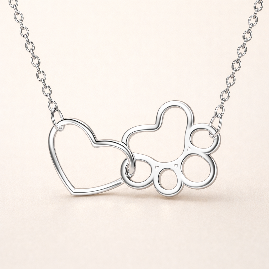 Sterling Silver Paw Print Necklace – Heart Crystal Pendant