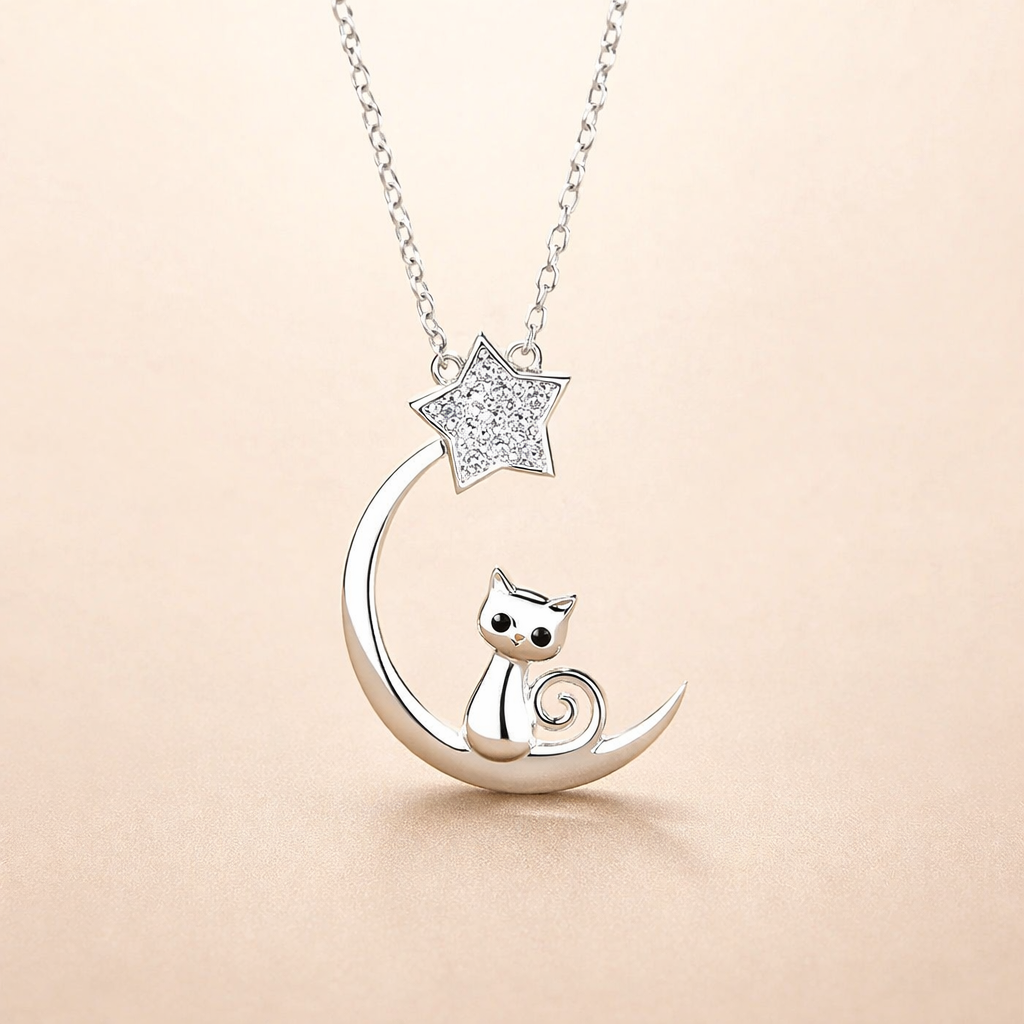 Sterling Silver Cat Moon Star Pendant
