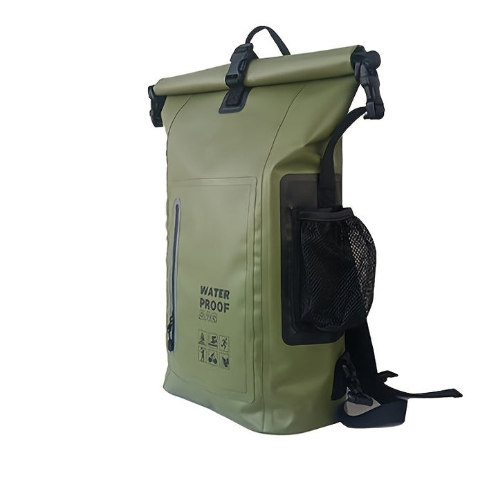 Waterproof 25L Backpack with Roll-Top Closure, Multiple Pockets, Sturdy Buckle Closure and Side Mesh Pocket