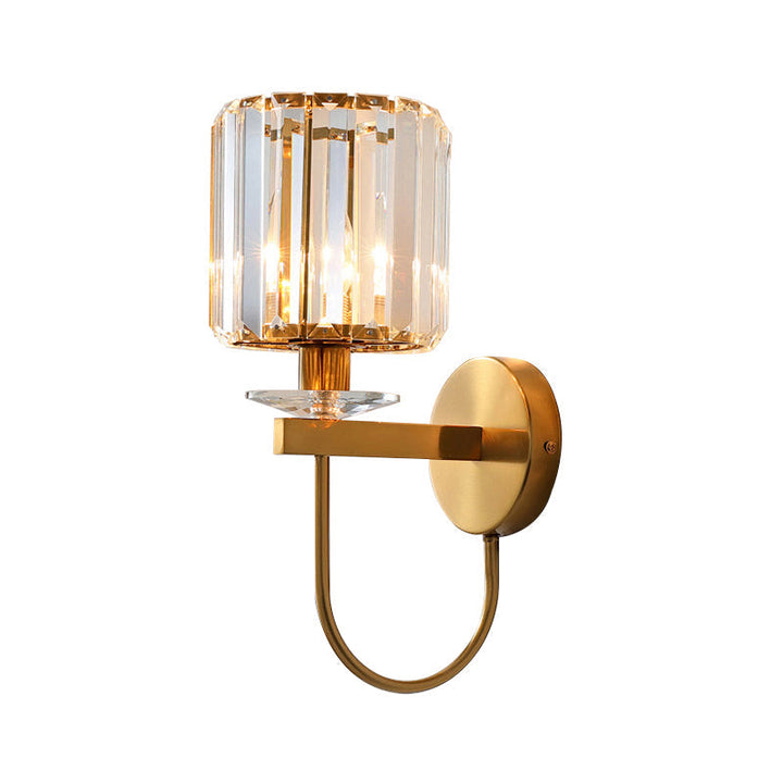 Postmodern Cylindrical Crystal Wall Light, 1-Head Gold Finish with Curved Arm