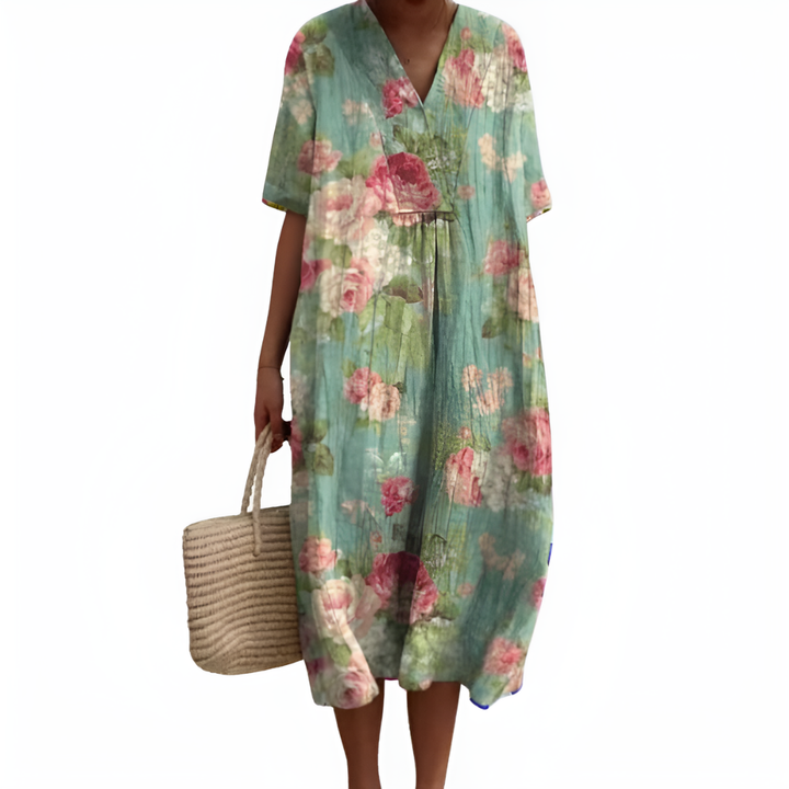 Women’s Floral Summer Dress – V-Neck &amp; Short Sleeves