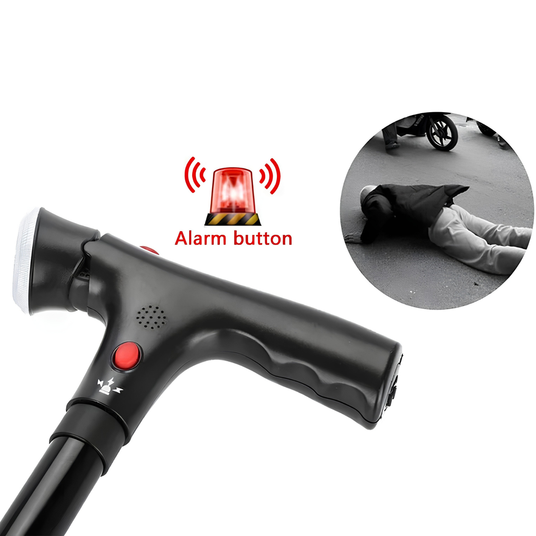 Foldable cane with dual handles, alarm, and light