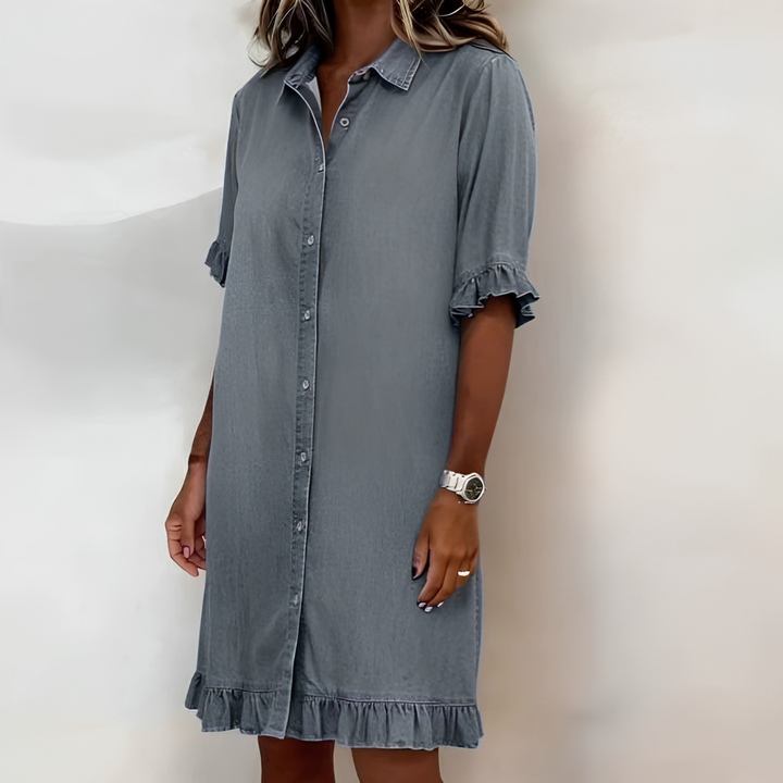 Solid-color Faux Denim Ruffled-edge Shirt Dress