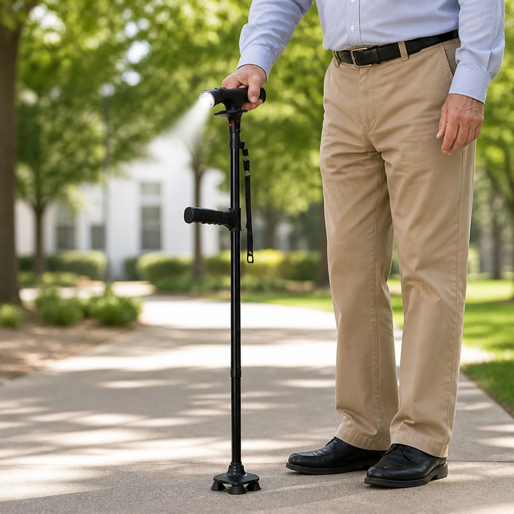 Lightweight Folding Aluminium Walking Stick with 4-Point Base, LED Light and Alarm