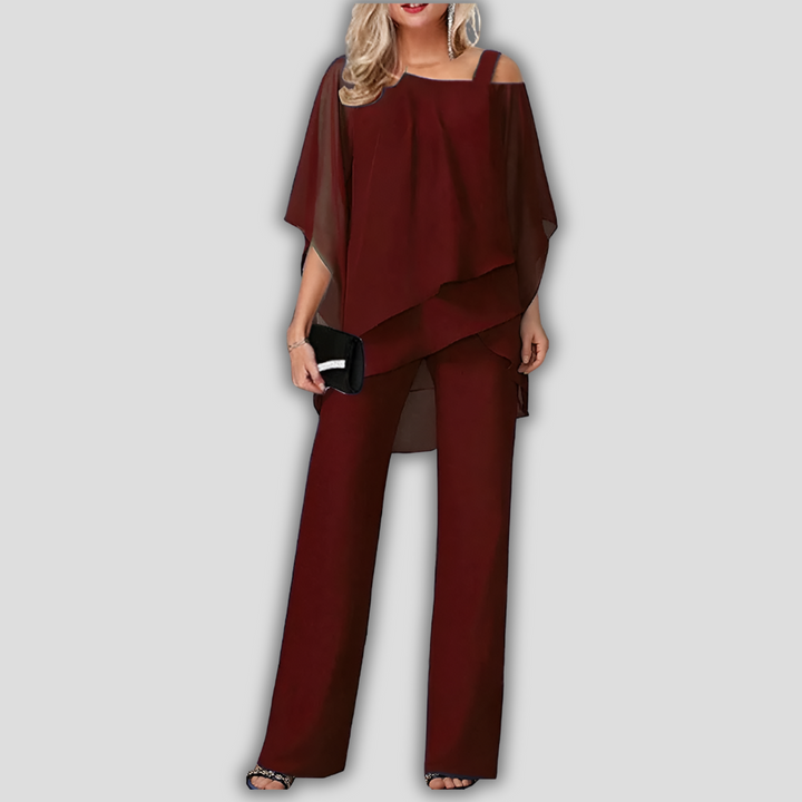 Elegant 2 Piece Chiffon Pantsuit with Layered Cape Top