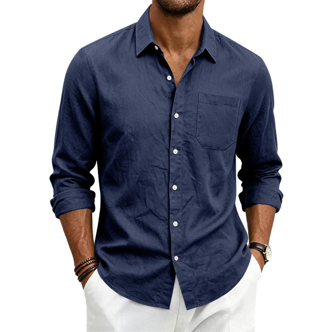 Mens Linen Loose-fit Lapel Long-sleeve Shirt
