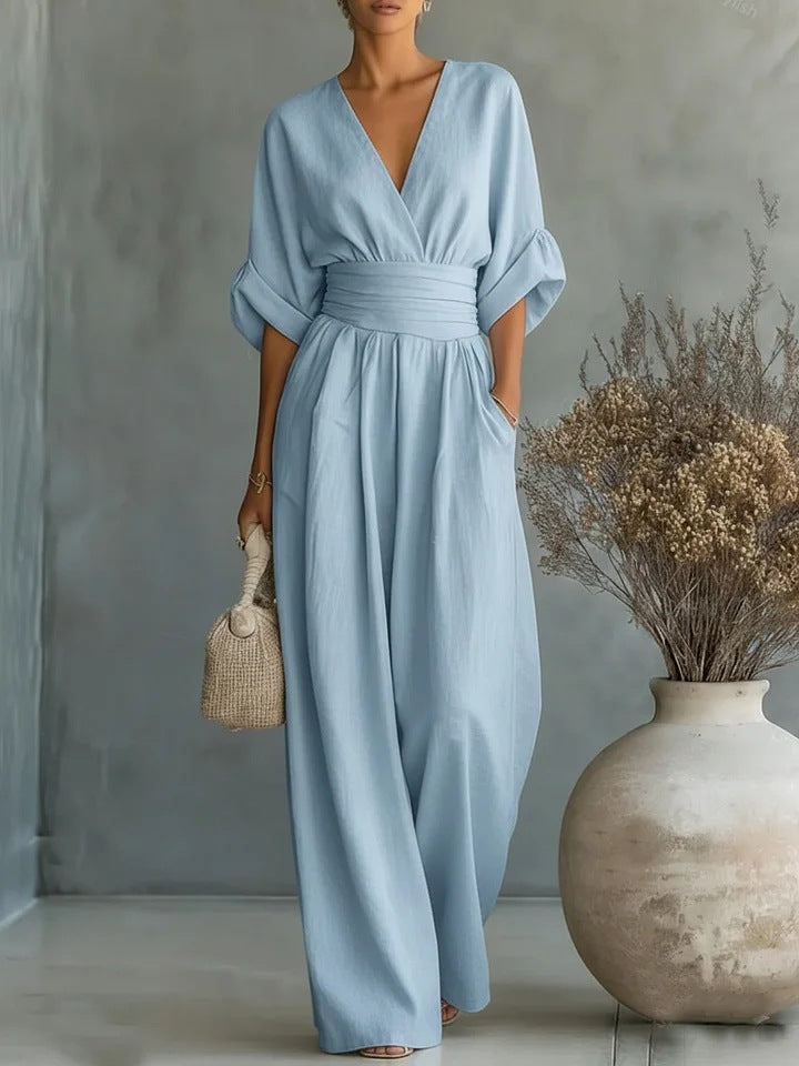 Elegant Women's Jumpsuit with V-Neck and Wide-Leg High Waist