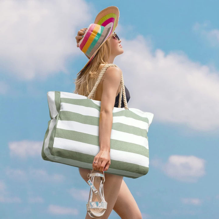 Gestreifte Strandtasche mit großer Kapazität – Robustes Polyester mit Reißverschluss