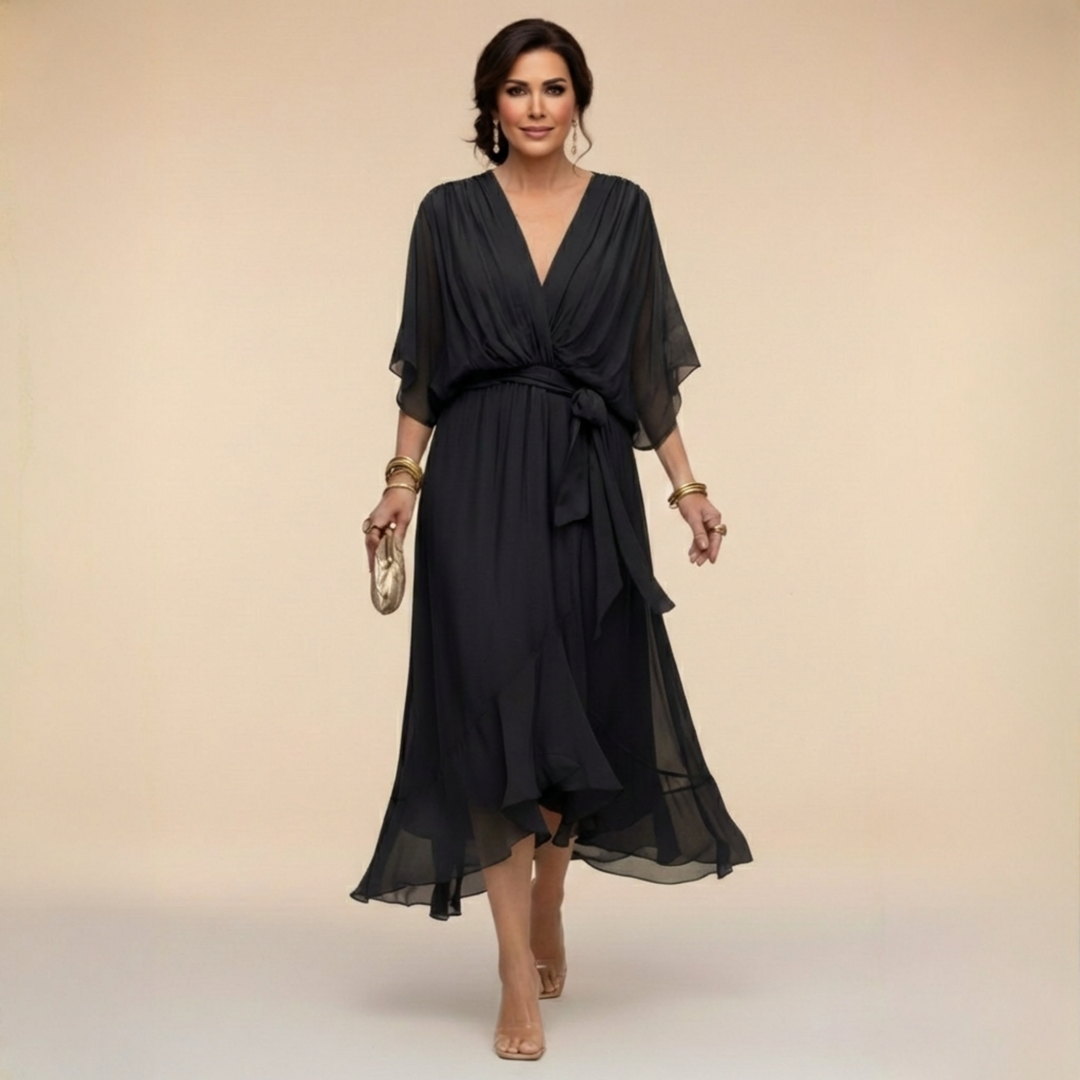 Elegant, flowing women's midi dress – V-neck & adjustable waist