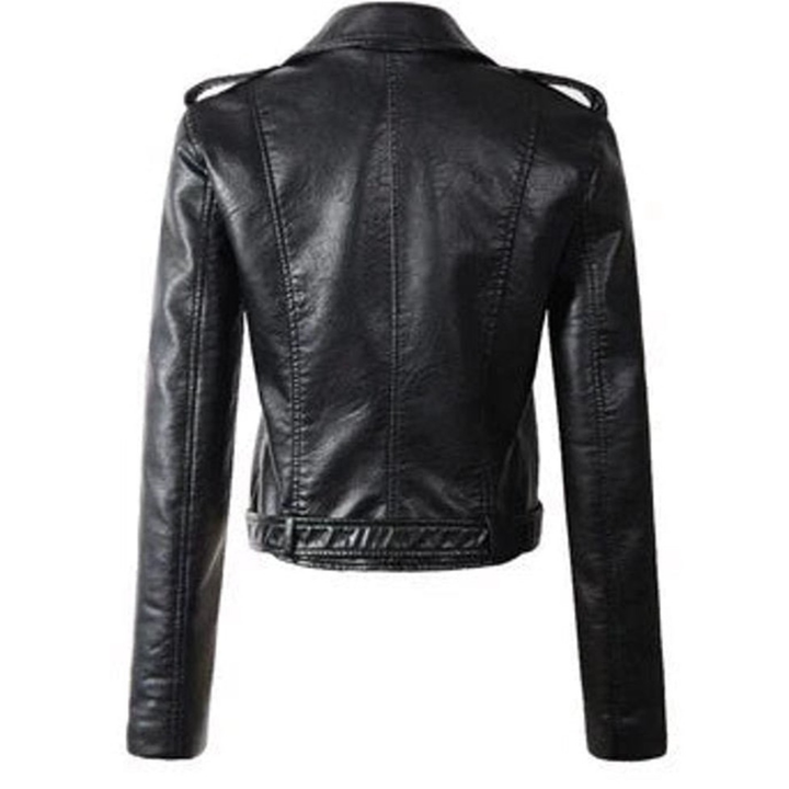 Cropped Belted Asymmetric Faux Leather Jacket