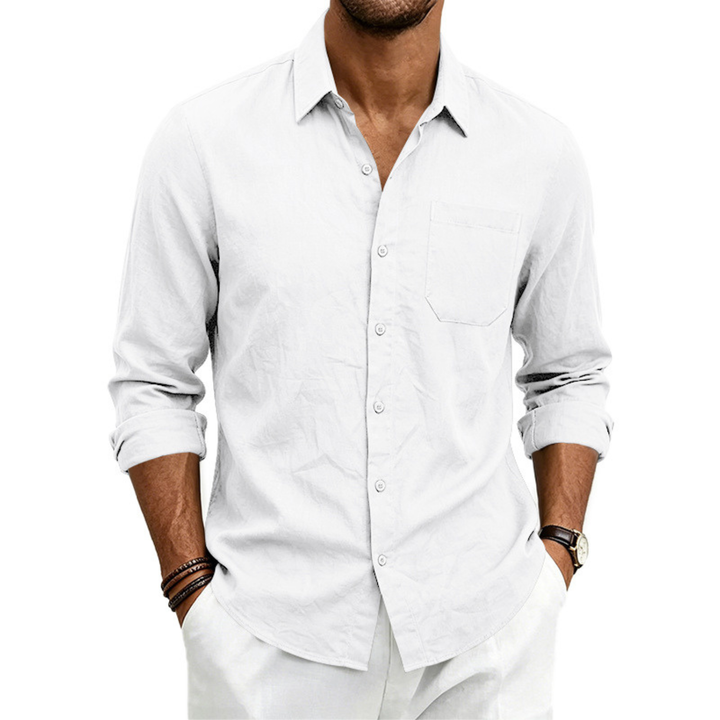Mens Linen Loose-fit Lapel Long-sleeve Shirt