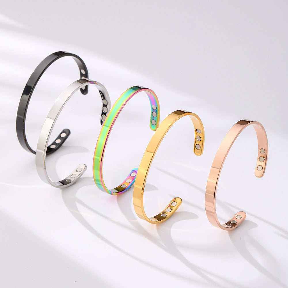 Stainless Steel Magnet Bracelet Wide Glossy Magnetic Therapy Opening