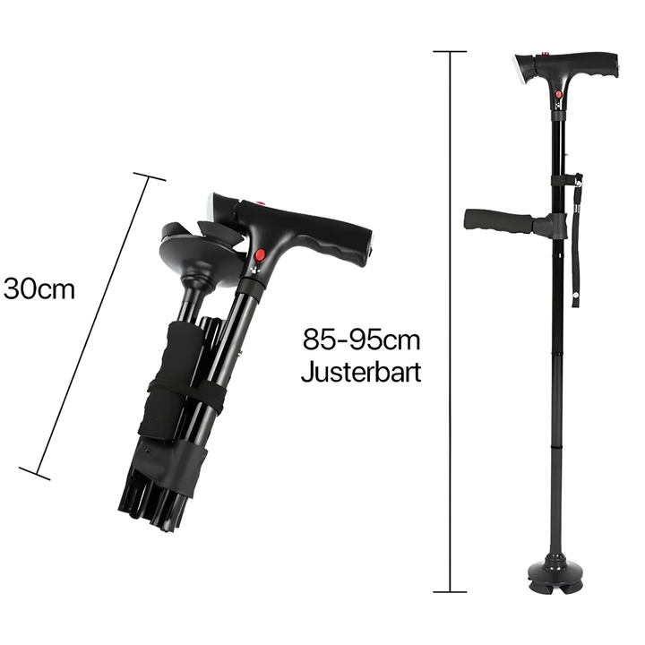 Foldable cane with dual handles, alarm, and light