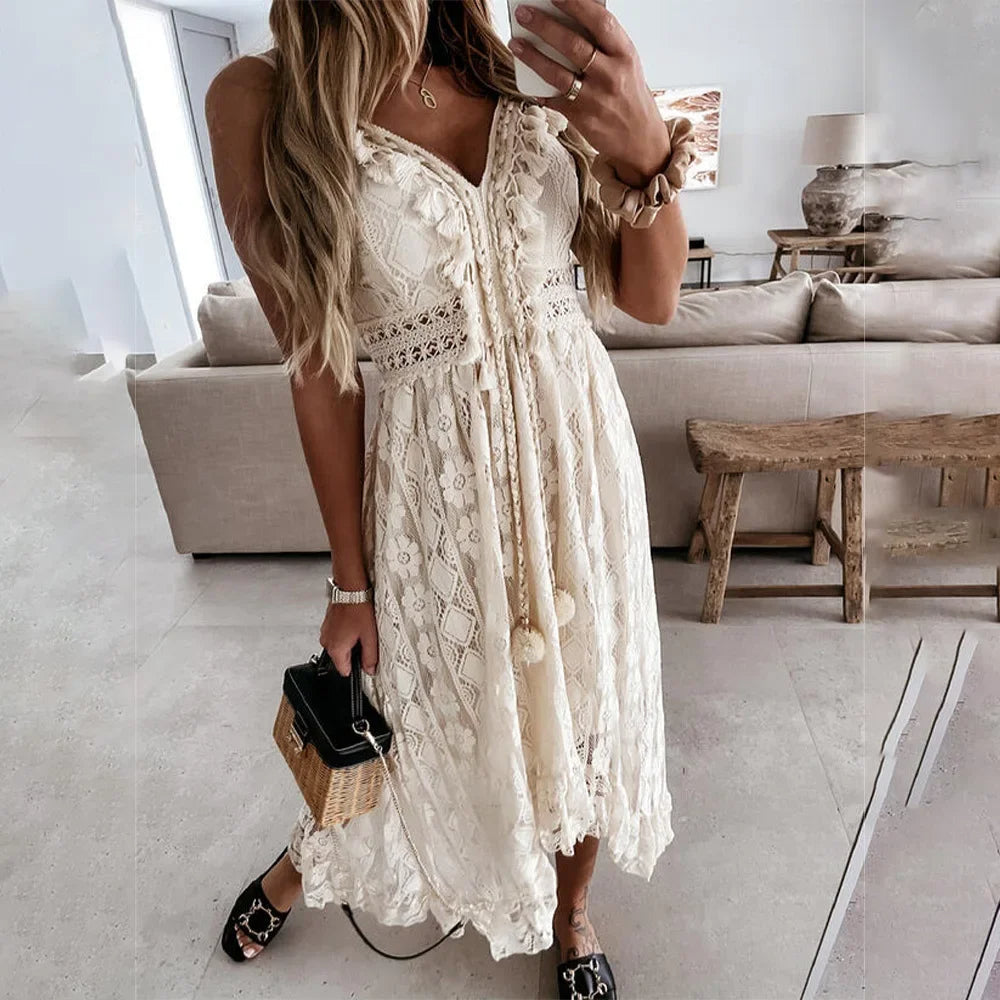 Boho Lace Tie Dress with Tassels