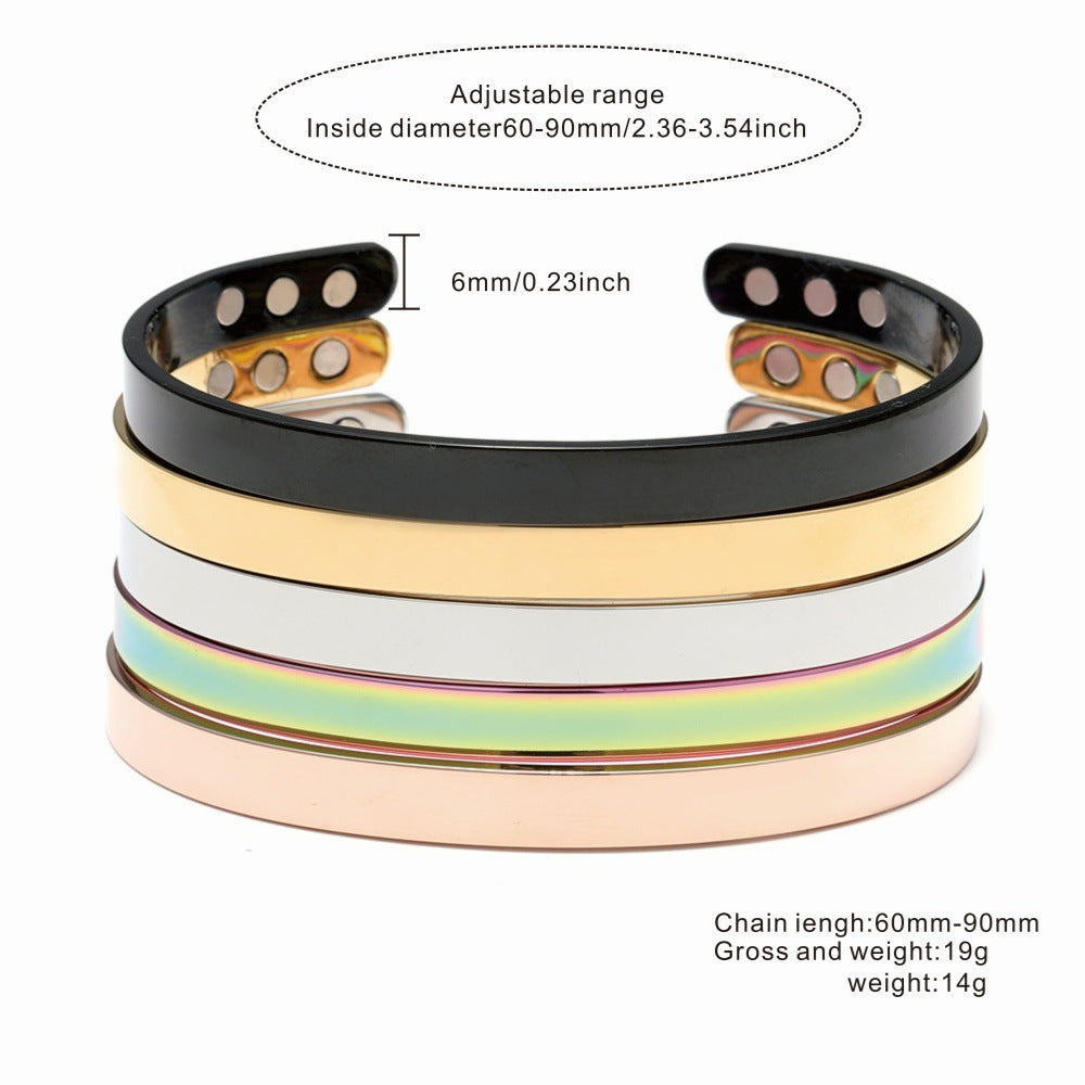 Stainless Steel Magnet Bracelet Wide Glossy Magnetic Therapy Opening