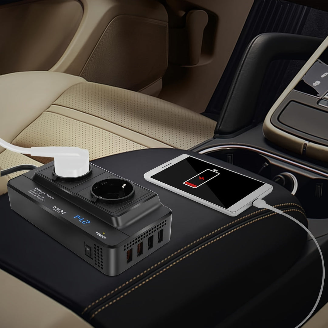 Compact Car Inverter 200W – Double Sockets & Four USB Ports