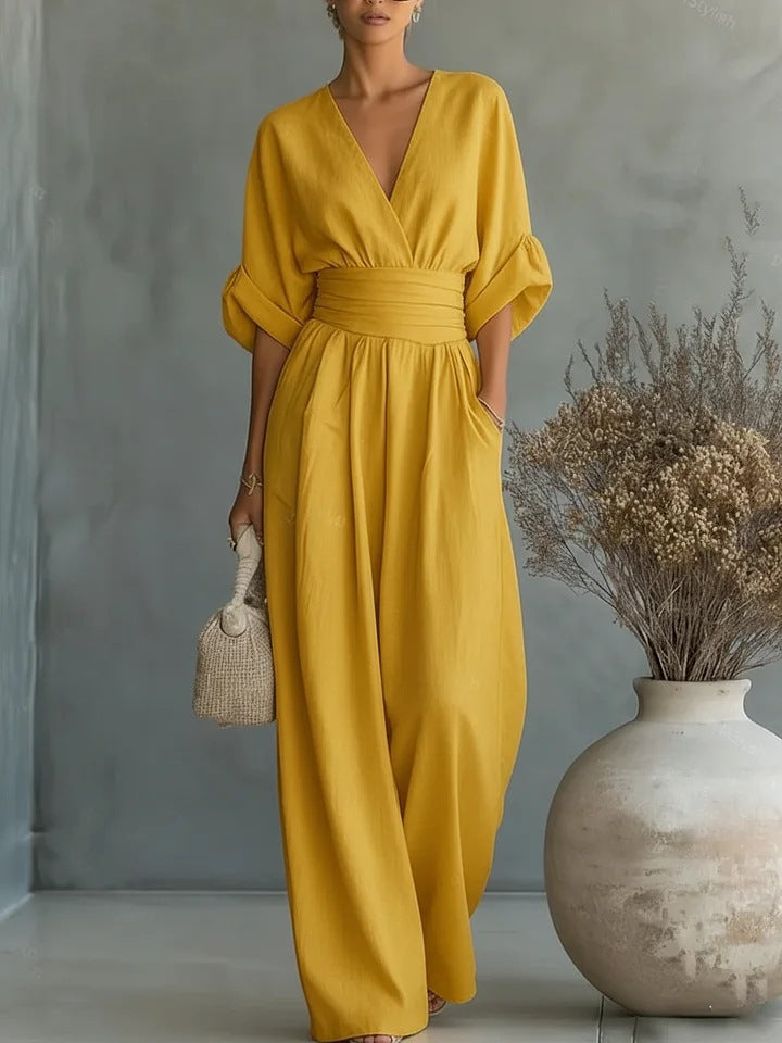 Elegant Women's Jumpsuit with V-Neck and Wide-Leg High Waist